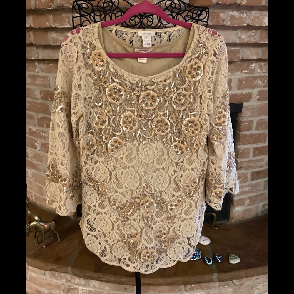Sundance Moon Flower Lace Sequined Top With Camisole